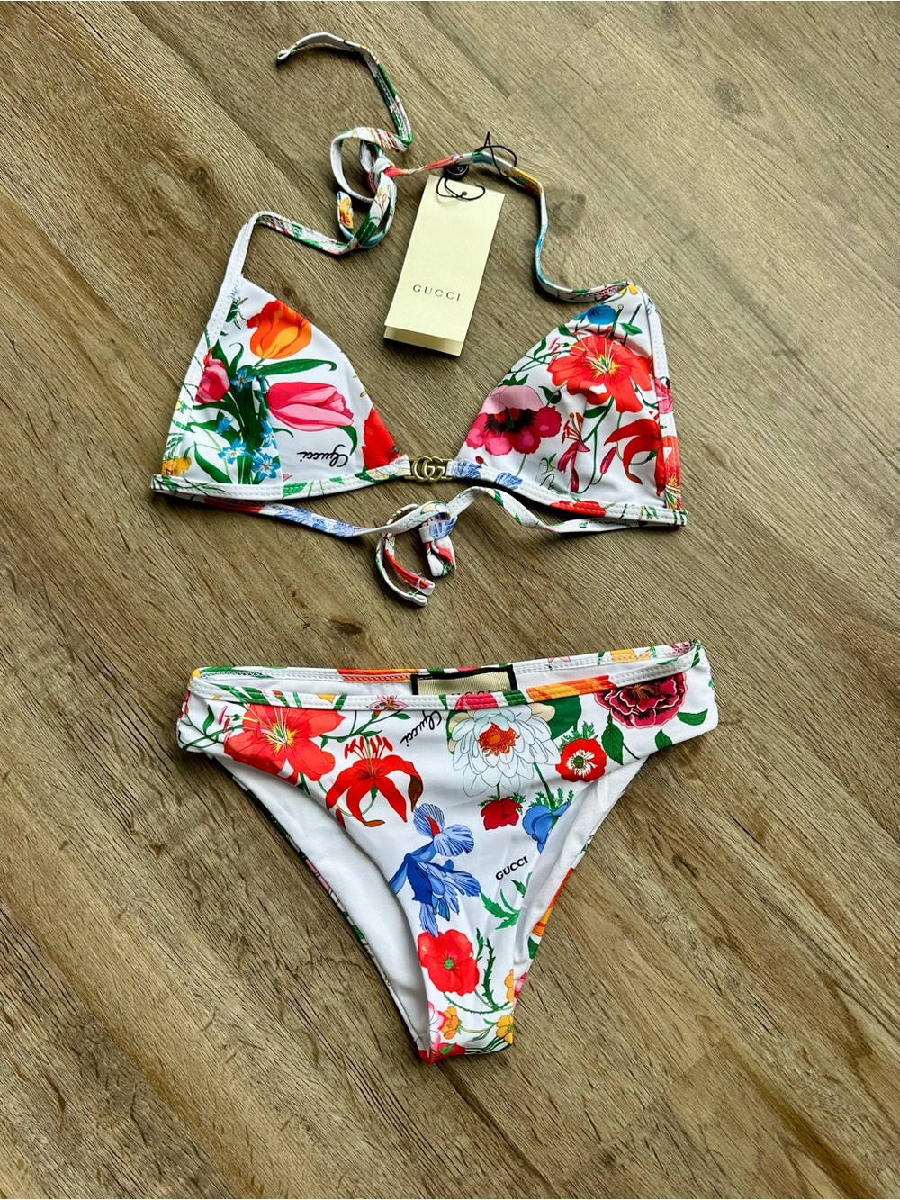 Gucci White Floral Tie-Back Triangle Bikini